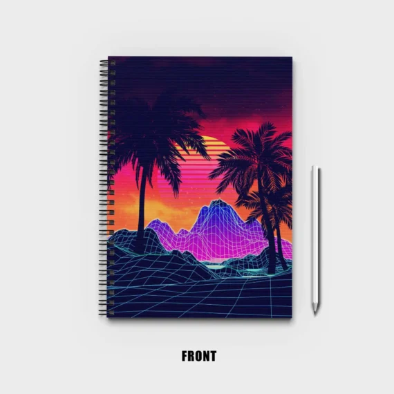 Neon glowing grid rocks and palm trees Notebook